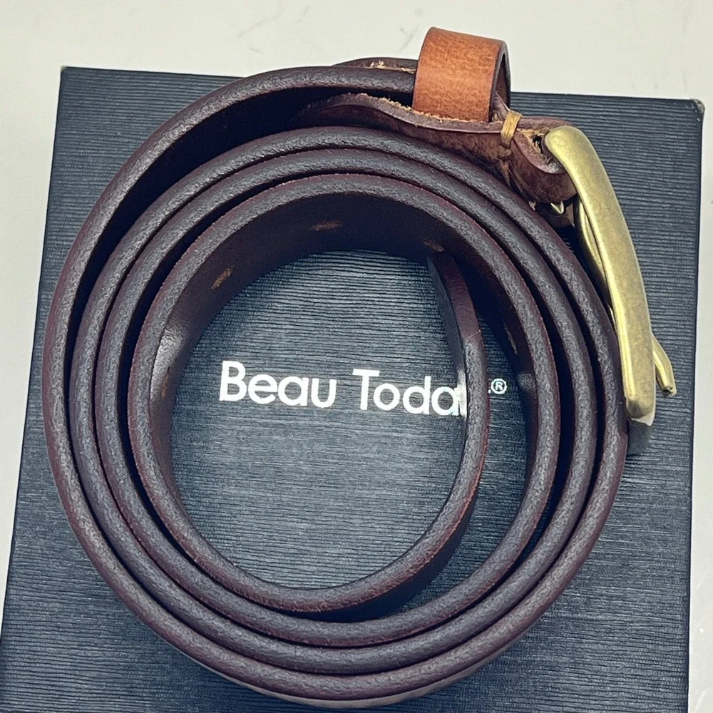 Beau Today Mens Brown Leather Belt Solid Brass Buckle Marbled Grain Size 40